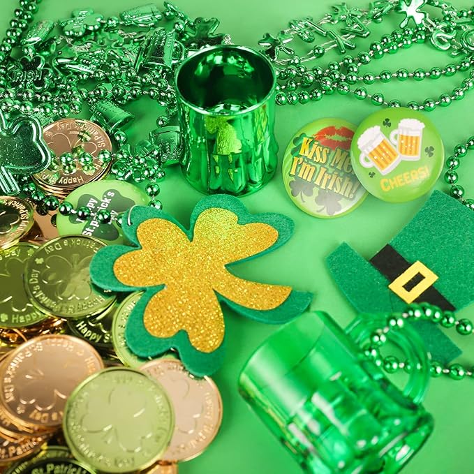 St.Patrick's Day Accessories Set, Saint Patrick Day Accessories Including Necklaces, Green and Gold Coins, Mustache, Rubber Wristbands, Badges, Tattoo Stickers for Irish Day Party Supply
