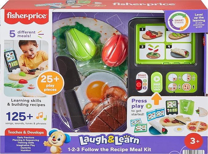 Fisher-Price Preschool Kitchen Playset Laugh & Learn 123 Follow The Recipe Meal Kit 30-Piece Pretend Cooking Toy Set for Ages 3+ Years