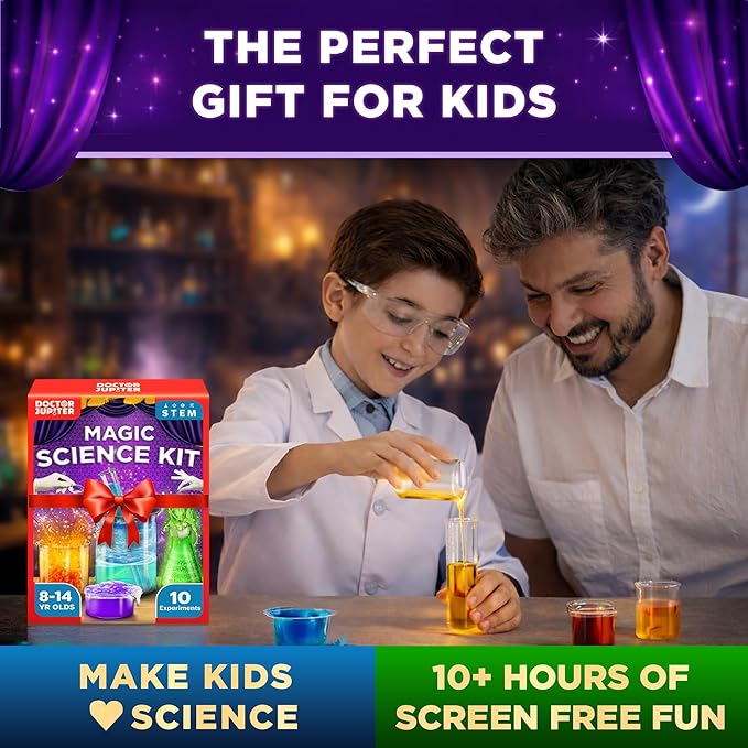 Doctor Jupiter Magic Science Kit, Chemistry Set for Kids Ages 8-10-12-14 | Easter, Birthday Gift Ideas for 8+ Boys and Girls | Toy STEM Kit with 10 Science Experiments, Magic Tricks