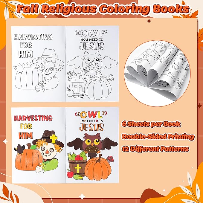 24Pcs Fall Religious Coloring Books - Christian Bible DIY Color-in Pages Booklet Bulk Drawing Autumn Theme Activity Party Supplies for Sunday School Classroom Rewards Artwork Gift for Kids