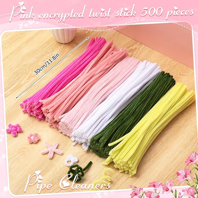 Peryiter 500 Pieces Pipe Cleaners Chenille Stems 12 Inch Craft Supplies Bulk for DIY Art and Craft Projects Creative Gift Wrapping Party Decorations(Pink Flower,12 Inch)