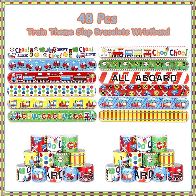 Serencatcher 48Pcs Train Slap Bracelets, Train Party Favors Include Bracelet Wristbands in 12 Styles for Chugga Chugga Choo Choo Train Railroad Transportation Birthday Party Decorations Supplies