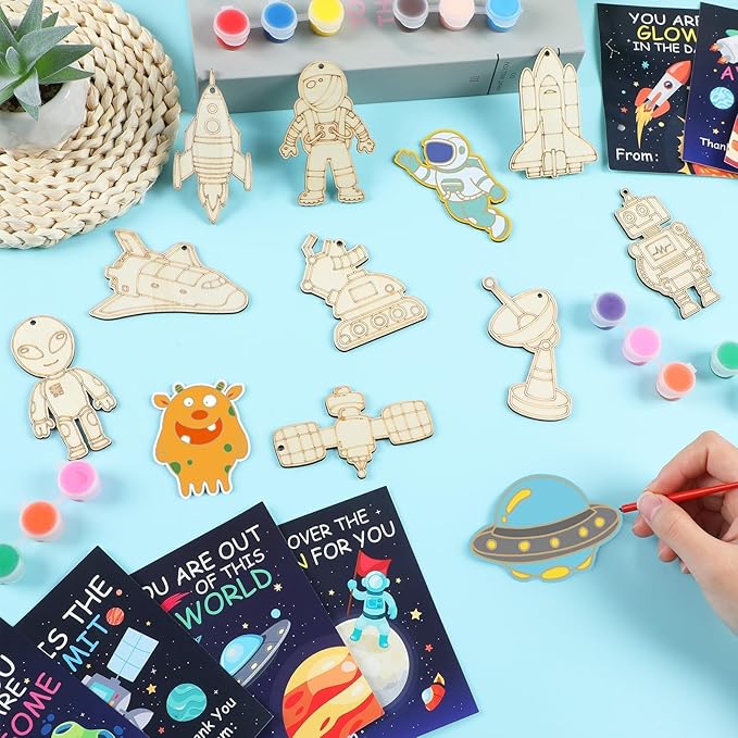 36Pcs Space Party Favors Space Cards with Art Supplies Outer Space DIY Wood Painting Craft Kits Astronaut Thank You for Coming Gifts for Kids Boys Girls Solar System Birthday Gift Bulk (Pre-Assembled)
