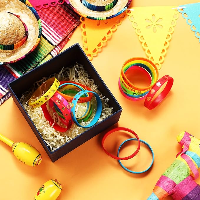 Xinnun 24 Pcs Mexican Fiesta Rubber Bracelets Fiesta Party Silicone Wristbands Mexican Party Favors with Taco Cactus Piñata Pattern for Let's Fiesta Cinco De Mayo Party(Fiesta)