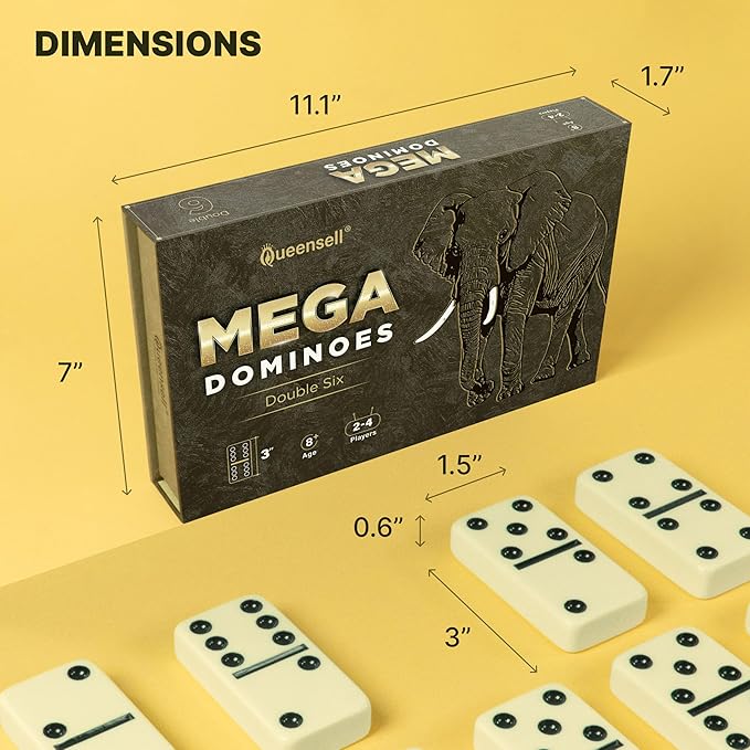 Mega Large 3" Dominoes Set for Adults and Kids – Dominoes Double 6 Classic Board Games – Double Six Dominoes Set with 28 Tiles and Gift Case, Juegos de Mesa (MEGA)