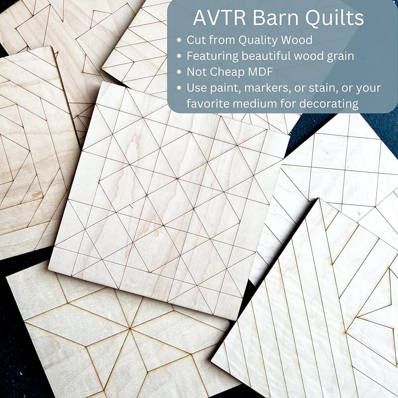 Set of Four 9 Inch Barn Quilt Kit DIY Pattern Unfinished Wood Quilting Block Sign Paintable Crafts for Women (Starburst, Aesthetic Triangles, Cottage Chic Star, Swoon) AVTRBoutique