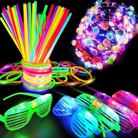112 Pcs New Years Eve Glow in The Dark Party Supplies 2025, Glow Sticks Bulk LED Neon Party Favor Light Up Toys Gifts Kids Adult 100 Glow Sticks Necklaces Bracelets/6 Light Up Glasses/6 Led Headbands