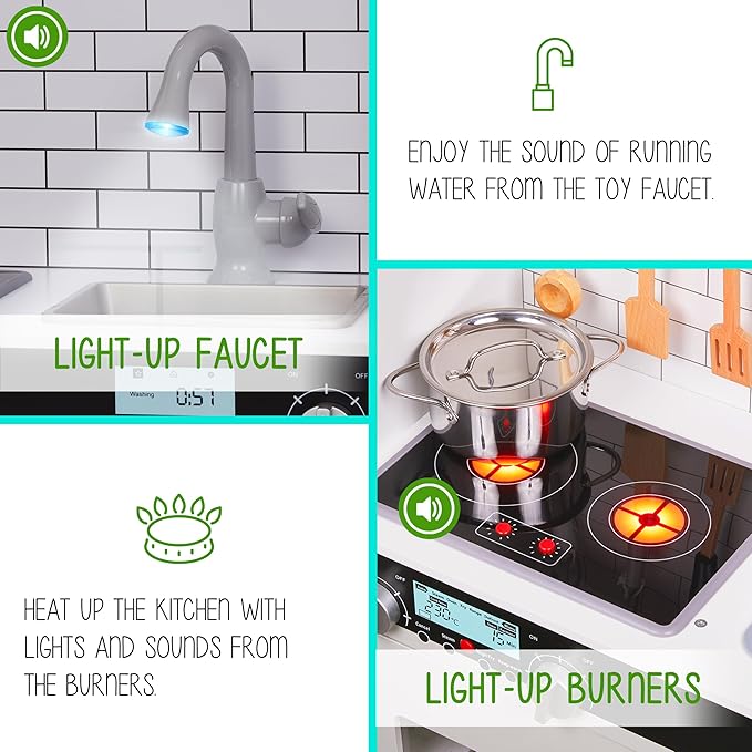 Lil’ Jumbl Kids Kitchen Set, Pretend Wooden Play Kitchen, Battery Operated Icemaker, Microwave, Range Hood, Stove Top, Oven, with Realistic Sound & Lights, Pots, Pan, & Utensils Included