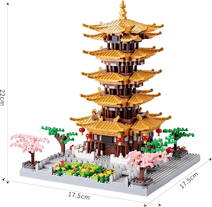 Chinese Architecture Ancient Famous Collectible Micro Building Blocks Set for Adults, 2200PCS Creative Model - Yellow Crane Tower with Cherry Blossom Tree Cherry Plants Toys and Presents