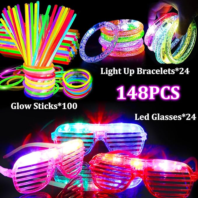 TURNMEON 148 PCS Glow in the Dark Party Supplies Light Up Toys with 24 Led Glasses, 24 Flashing Bracelets and 100 Glow Sticks Bulk Party Favors for Kid Adult Birthday Wedding Carnivals Concert
