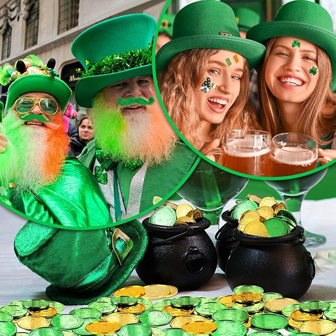 St.Patrick's Day Accessories Set, Saint Patrick Day Accessories Including Necklaces, Green and Gold Coins, Mustache, Rubber Wristbands, Badges, Tattoo Stickers for Irish Day Party Supply