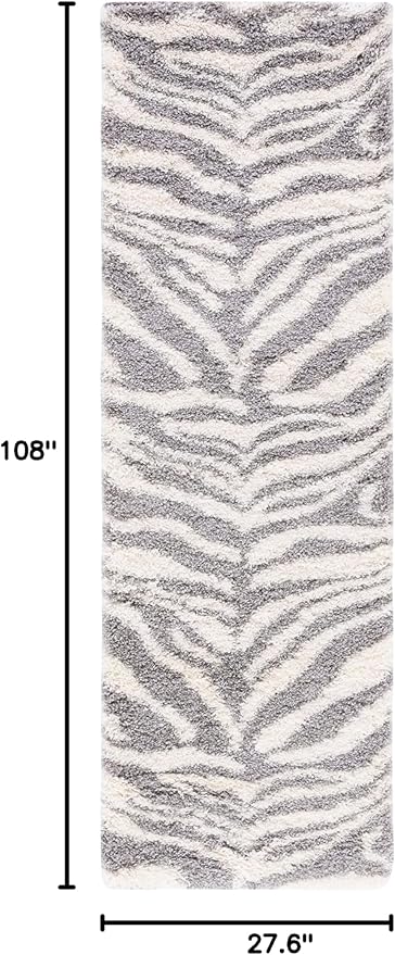 SAFAVIEH Portofino Shag Collection Runner Rug - 2'3" x 9', Ivory & Grey, Zebra Abstract Design, Non-Shedding & Easy Care, 2-inch Thick Ideal for High Traffic Areas in Living Room, Bedroom (PTS215A)