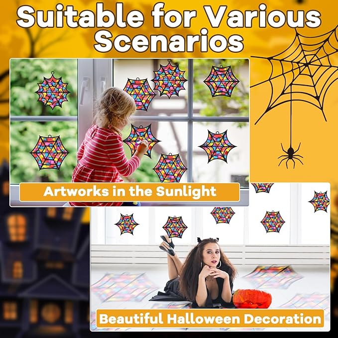 32Pcs Halloween Suncatcher Kit Halloween Window Art DIY Suncatcher Crafts for Kids Spider Web Sun Catcher Craft Stained Glass Effect Tissue Paper Halloween Party Favors Kids Classroom Decor