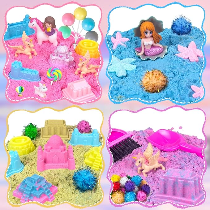Unicorn Sensory Bin, 47Pcs Sandbox Play Sand Set Sensory Bins for Kids Toddlers Sensory Toys with Magic Sand, Unicorns, Castle Moulds, Mermaid, Tools, Sand Art Kit for Girls Ages 3 4 5 6 7 8 Gift