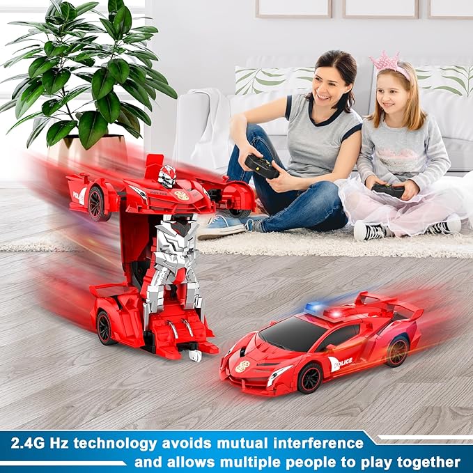 FDJ Transform Remote Control Car Robot, One Button Deformation to Robot with Flashing Light, 2.4Ghz 1:18 Scale Transforming Police Car Kids Toys with 360 Degree Rotating Drifting, Toys for Boys Girls