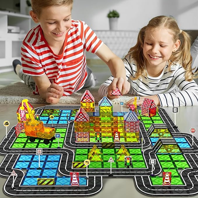 Magnetic Tiles Road Set Kids Toys, Magnetic City Construction Toys With Magnetic Crane for 3+ Year Old Boys Girls, Magnetic Blocks Building Toys STEM Toddlers Toys Magnetic Tiles for Kids Ages 3-5 4-8