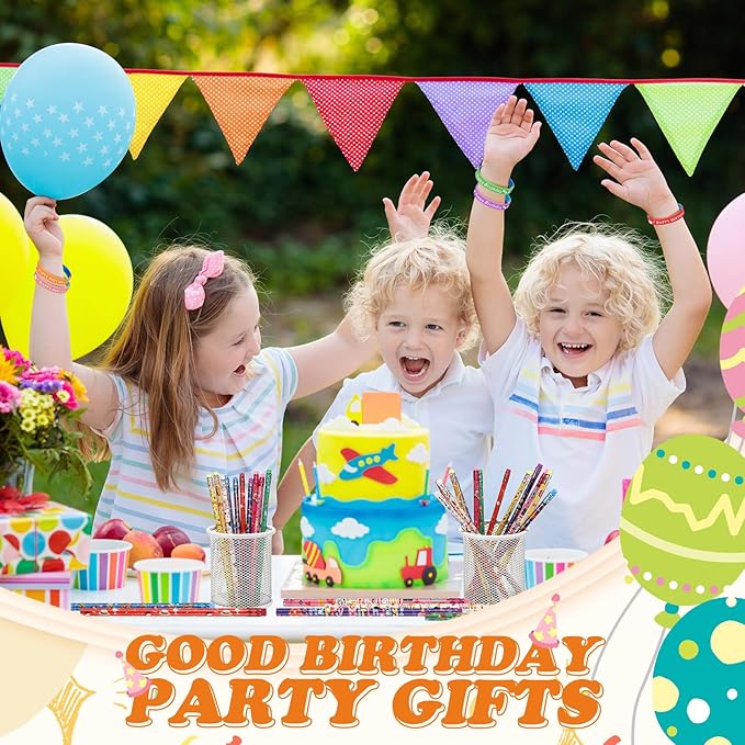 Sabary 48 Pcs Happy Birthday Pencils Rubber Bracelets Set Birthday Party Favors Birthday Pencils Silicone Wristbands Birthday Bracelet for Kids Students Teachers Classroom Reward Gifts (Bright Style)