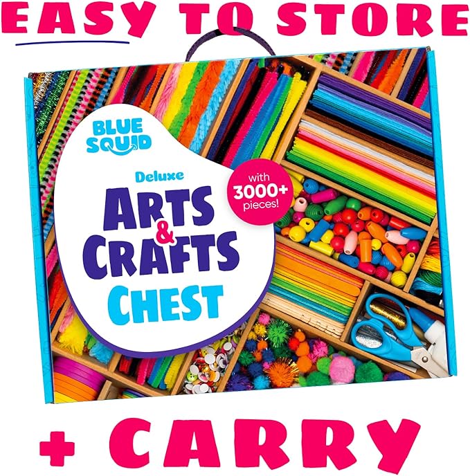 Blue Squid Arts & Crafts Chest - 3000+ pcs Deluxe Craft Supplies Box, 2 Drawers, 18 Compartments, Sturdy Handle - Art Crafting Kit Christmas Gifts for Kids, School Supply for Ages 4 5 6 7 8 9 10 11 12