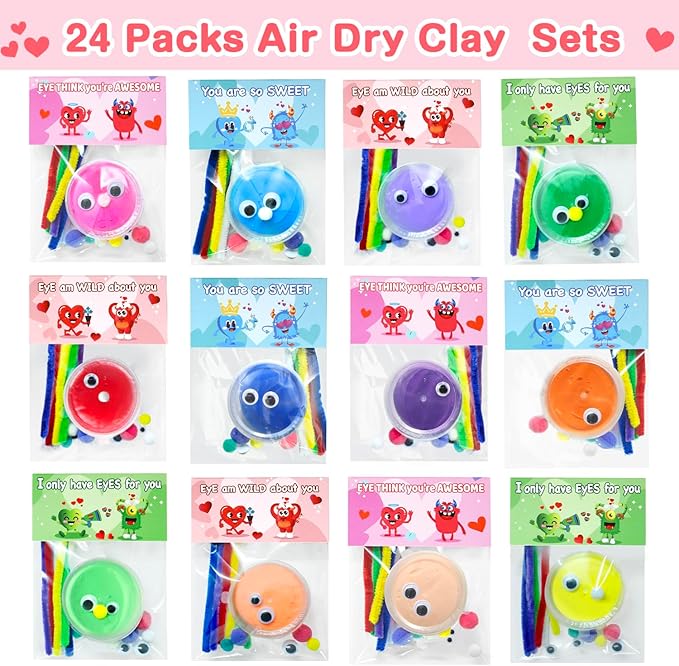 DEKWELL 24 Packs Valentines Day Cards for Kids Classroom with DIY Air Dry Clay Kit,Valentines Day Gifts for Kids School Valentine Exchange Presents Party Favors