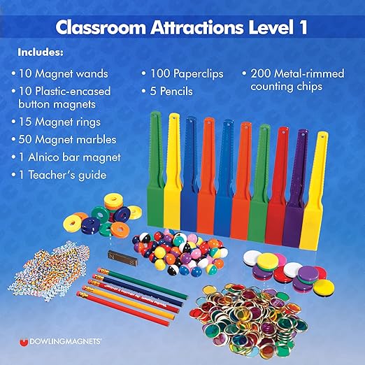 Dowling Magnets Classroom Attractions Comprehensive Magnet Lab: Level 1, Grades PreK-2 (Ages 4-7). Classroom Magnets/Science Kit/STEM Kit/Kids Magnets for Classroom/Science Experiments. Item 731301.
