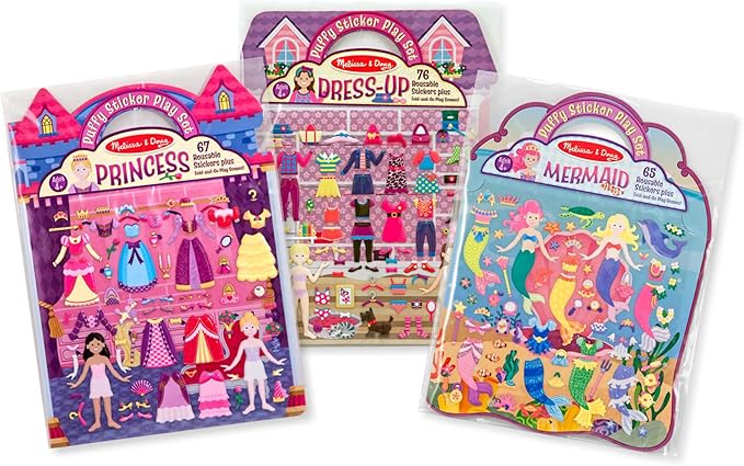 Melissa & Doug Puffy Sticker Activity Books Set: Dress-Up, Princess, Mermaid - 208 Reusable Stickers - FSC Certified