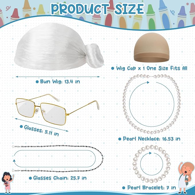 100th Day of School Costume, Old Lady Cosplay White Bun Wig Glasses Wig Cap Pearl Necklace Bracelet Props for Kids Girls