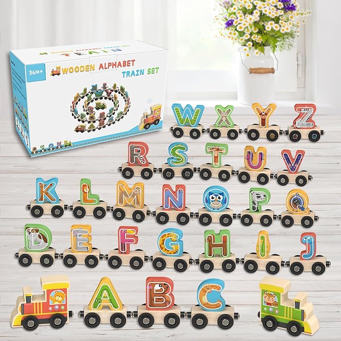 Wooden Alphabet Train Toys Spelling Tool Preschool Toddlers Montessori Educational Game Letter Car Magnetic for Kids Boys Girls 2 3 4 5 Years