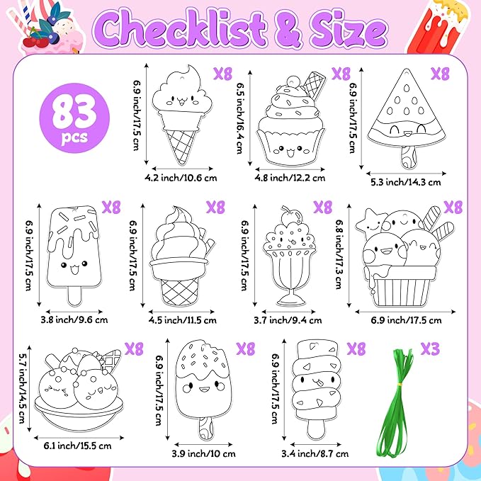 JAPBOR Ice Cream Coloring Craft - 83PCS Summer Ice Cream Themed Party Activities Game Kits for Kids, Color Your Own DIY Desserts Art Cards Hanging Ornament, Draw Paper Book School Activity Party Favor
