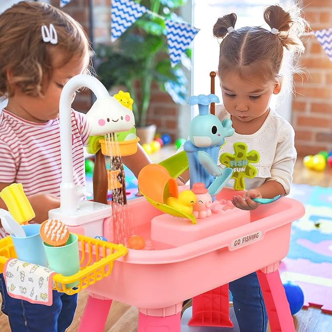 Upgraded Toddler Sand Water Table Toy with Electric Water Pump, for Toddlers 1-3 Kids Sand Water with Faucet/Play Food Accessories/Fishing Toy, Kitchen Play Sink Toys for Girl Boy