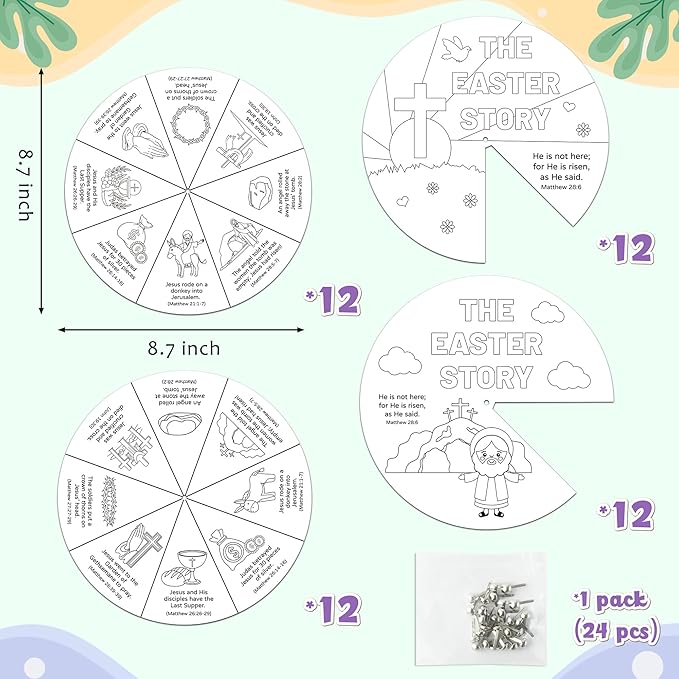 COcnny 24 Sets The Easter Story Craft, Color Your Own Easter Jesus Wheel for Kids, Religious Bible Coloring Cards DIY Crafts Art Game for Sunday School Christian Classroom Home Activities VBS Supplies