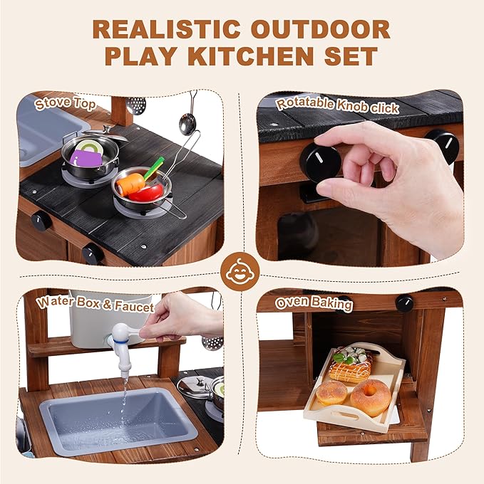 ROBOTIME Mud Kitchen for Kids Outdoor, Wooden Kids Kitchen Playset with Wheels, Outdoor Play Kitchen with Accessories, Fun Backyard Pretend Outdoor Toy Kitchen for Boys Girls Ages 3+