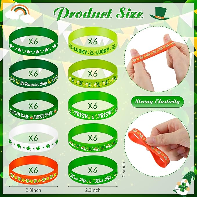 Wettarn 60 Pcs St. Patrick's Day Silicone Bracelets Shamrock Party Favors Irish Rubber Wristbands for Kids Adults Clover Party Supplies School Classroom Prizes Gifts