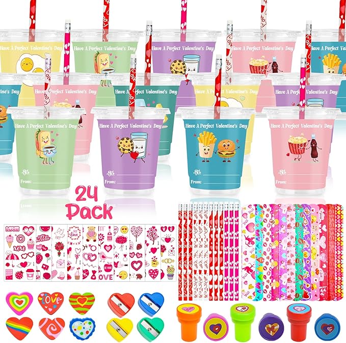 Valentines Day Gifts for Kids, 24 Packs Bulk Stationery Gift for School 192 Pcs Include Cards Pencil Cup Slap Bracelet Eraser Cup Stampers Valentine's Day Classroom Exchange Gifts Party Favors Toys