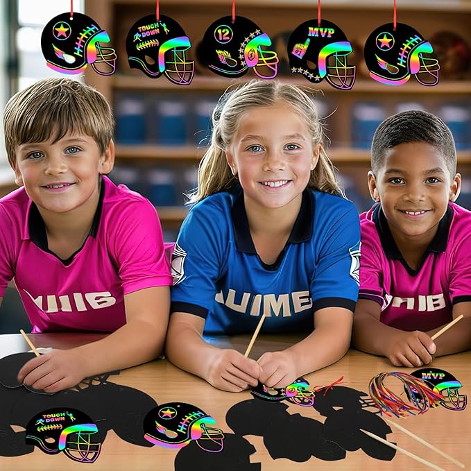 JULMELON 36 PCS Football Crafts for Kids, Rainbow Scratch Paper Art for Kids Football Party Favors Football Helmet Scratch Off Cards for Football Themed Birthday Party Supplies School Activities