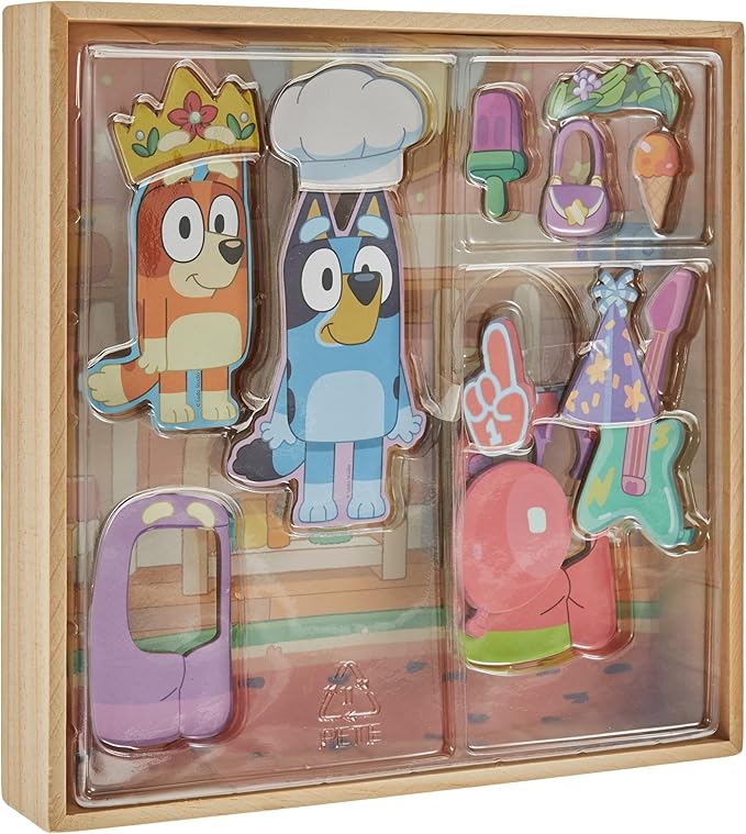 Horizon Group USA Bluey Magnetic Wooden Playhouse, 18 Piece Activity Set, Includes 2 Wooden Dolls House, Great Toys for Kids, Fun Birthday Party Activity, House Playset
