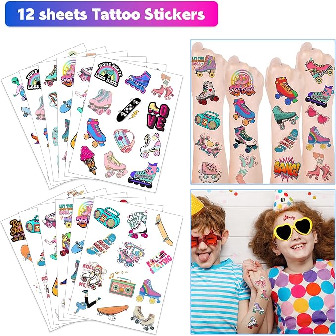 Roller Skate Party Favors 98PCS Slap Bracelets, Stickers, Key Chains, Pin Badges and Temporary Tattoos for Kids Boys Girls Throwback 80s 90s Roller Skating Hip Hop Birthday Party Supplies Decorations