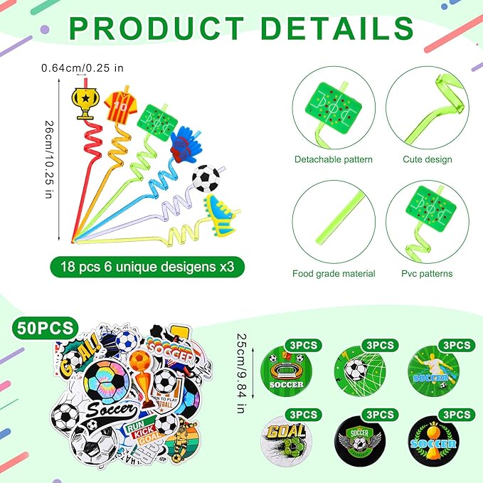 Sadnyy 140 Pcs Soccer Party Favors Birthday Party Decorations Supplies Drawstring Bags with Silicone Bracelets Keychains Straws Button Pins Stickers for Classroom Rewards Goodie Bags Stuffers