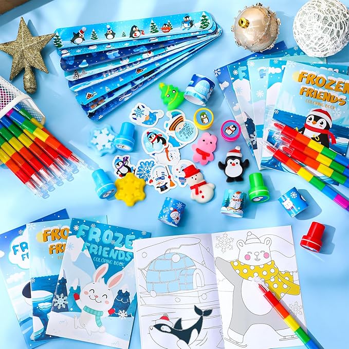 110 Pcs Winter Party Favors for Kids Polar Animals Coloring Books Crayons Slap Bracelets Mochi Stress Toys Stampers Stickers for Holiday Goodie Bags Stuffers Classroom Rewards Supplies