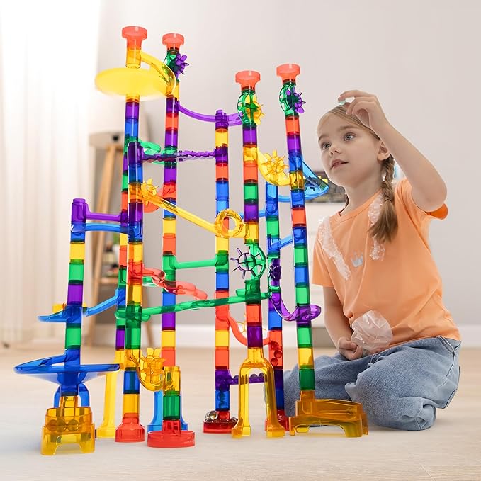 JOYIN 170Pcs Glowing Marble Run, Construction Building Blocks Toys with 5 Glow in The Dark Glass Marbles, STEM Educational Building Block Toy(120 Plastic Pieces + 50 Glass Marbles)