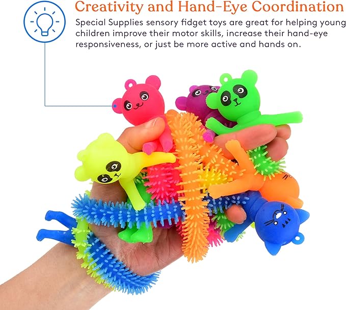Special Supplies Kid’s Sensory Toys Fidget Strings with Cute Animal Faces, Set of 12, Tactile Stimulation for Hand-Eye Coordination, Textured Stretchy Silicone, Fun for Girls and Boys