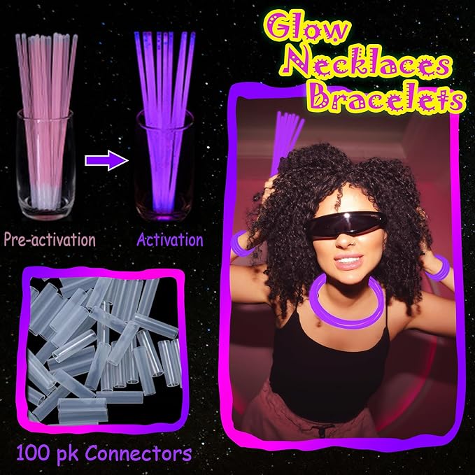 100 pk 8" Purple Glow Sticks Bulk Party Favors, Light up Glow Necklaces & Bracelets in the Dark Party Supplies For Christmas Halloween Mardi Gras Birthday Neon Party (100 * Purple)