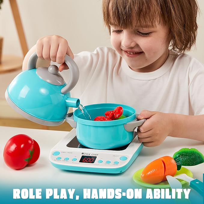 JOYIN Toy Food Set for Kids Kitchen, Pretend Play for Toddlers 1-3, Play Kitchen Appliances with Pots, Pans, Induction Cooker, Cutting Vegetables, Fake Food, Gift for Boys and Girls, Cooking Toy Set