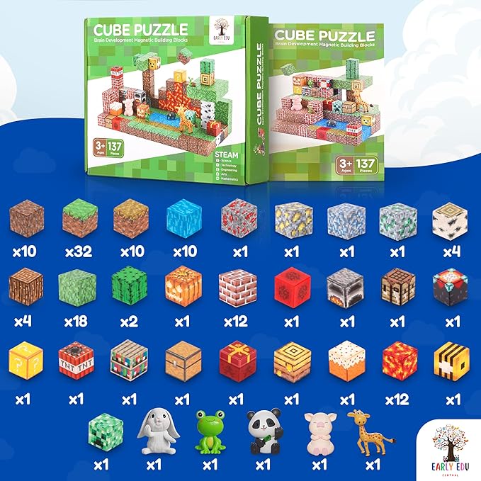 137PCS Magnetic Building Blocks Construction - STEM Magnetic Toys Sensory Set with Animal Figurines & Booklet - 1" Magnet Cube for Boys Girls, Game Based Magnetic Blocks for Kids 3-9