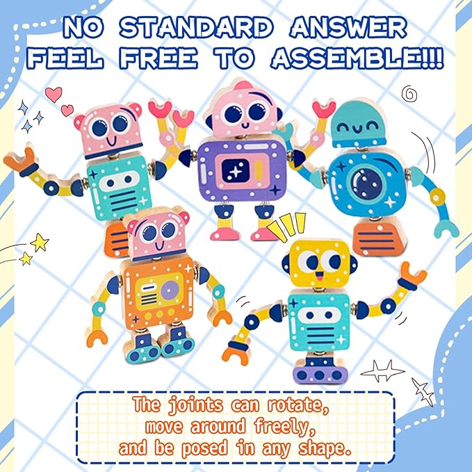 Wooden Robot Snap Building Blocks for Toddlers 1-3 4-8 2-4 Kids, 28 Psc Sets, Flexible Joint, Educational Montessori Fine Motor Skills Toys 3-4, STEM Toys, Birthday for Boys & Girls