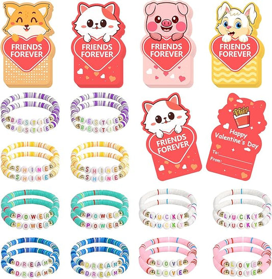 Valentine's Day card 24 packs with bracelets for kids' schools, and Valentine's Day exchange gifts with friendship beads for kids' classrooms