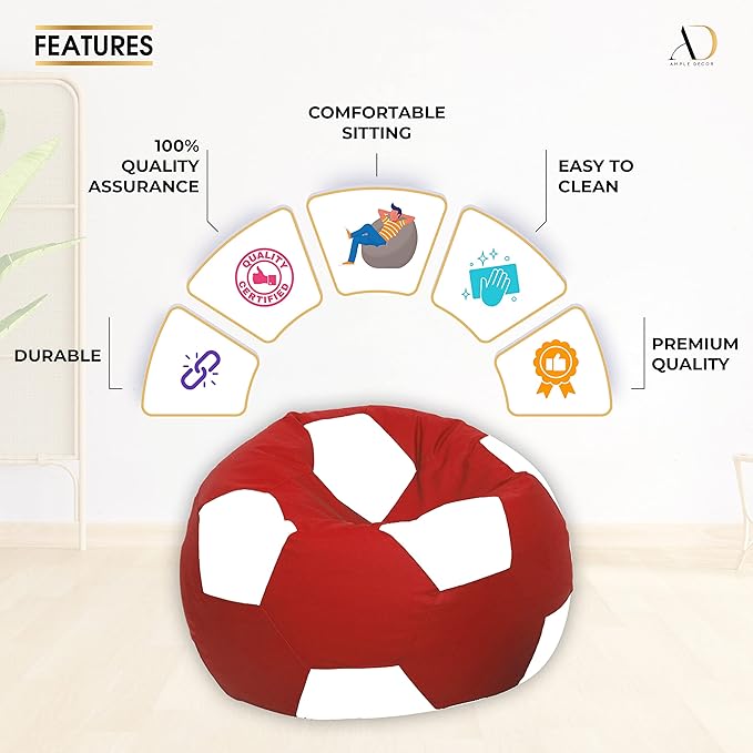 Ample Decor Bean Bag Cover Without Beans, Comfortable Soccer Design Bean Bag Cover Made from Leatherette (Filling Not Included) Ideal for Children and Teenagers – Red and White