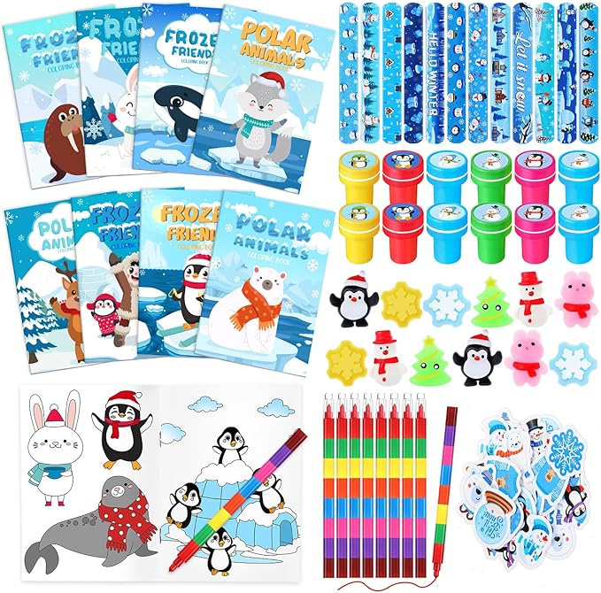 110 Pcs Winter Party Favors for Kids Polar Animals Coloring Books Crayons Slap Bracelets Mochi Stress Toys Stampers Stickers for Holiday Goodie Bags Stuffers Classroom Rewards Supplies