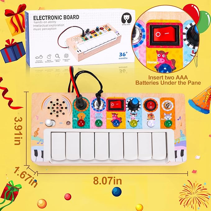 Wooden Piano Practice Board - Baby Toys - Piano Keys and Animal Calling Light Switch Sensory Toys for Babies and Toddlers of All Ages - Ideal Montessori Gift for Boys and Girls