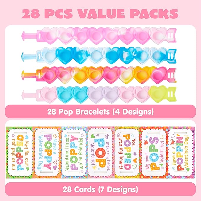 JOYIN 28 PCS Valentines Day Gifts for Kids, Valentines Cards with Heart Pop Bubble Bracelets, Stress Relief Fidget Toys for Girls Boys Toddler Valentines Classroom School Exchange Gifts Party Favor