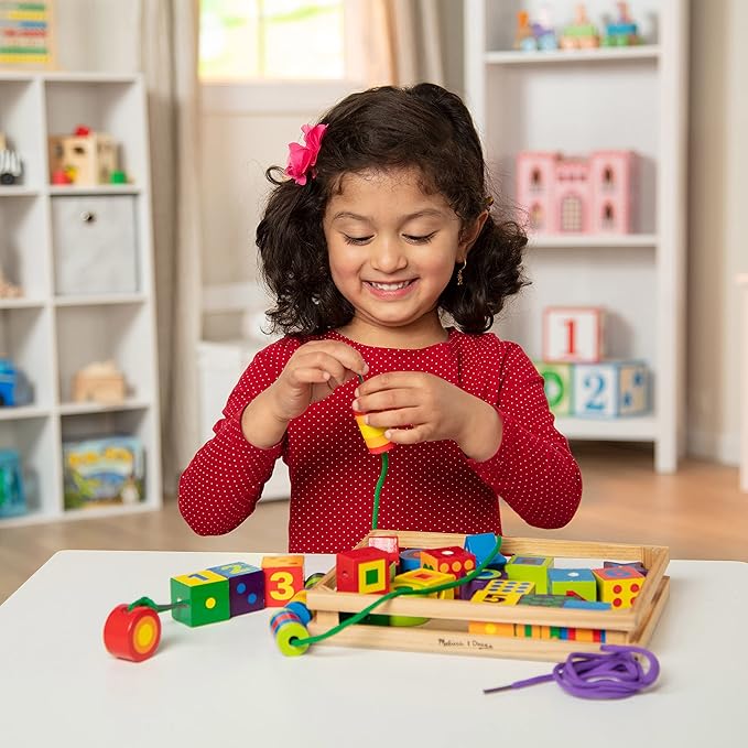 Melissa & Doug Deluxe Wooden Lacing Beads - Educational Activity With 27 Beads and 2 Laces For Toddlers, Fine Motor Skills Lacing Toys For Toddlers And Kids Ages 3+